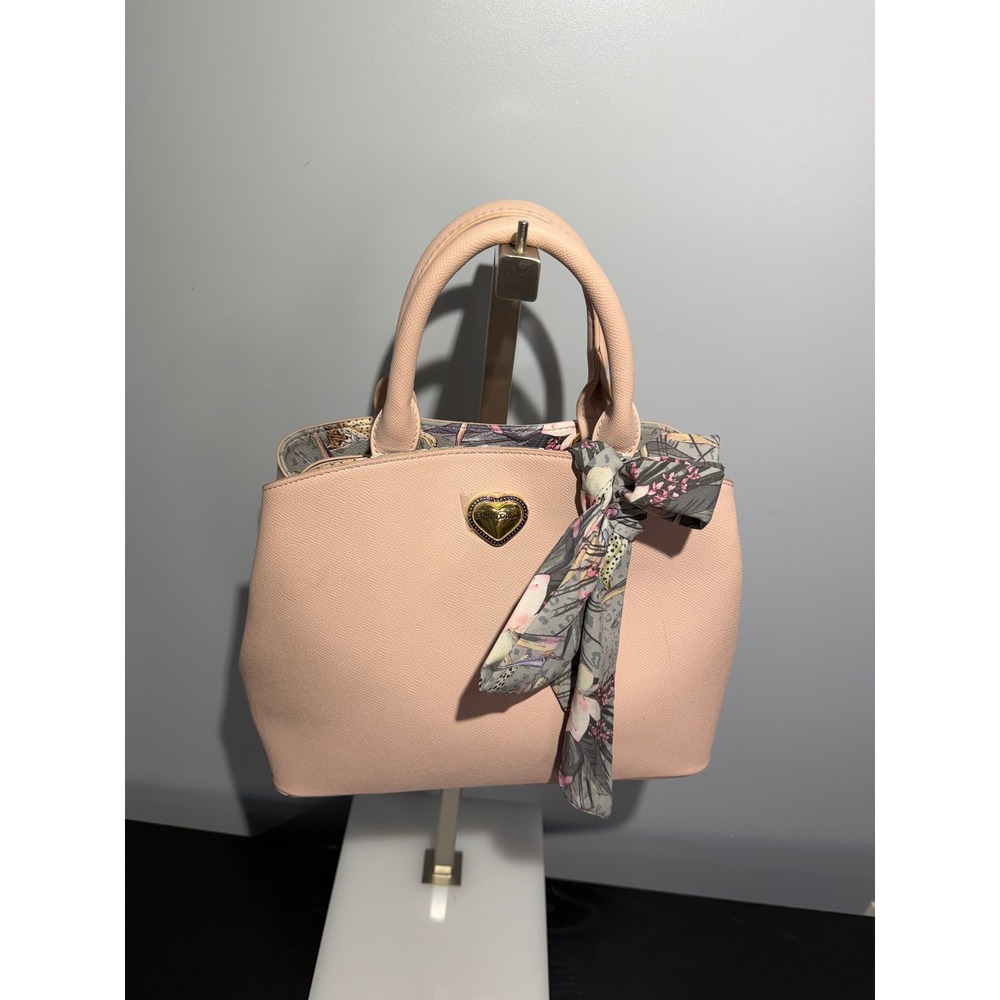 Betsey Johnson Pink Faux Leather Satchel Heart Logo Floral Scarf Crossbody Bag
